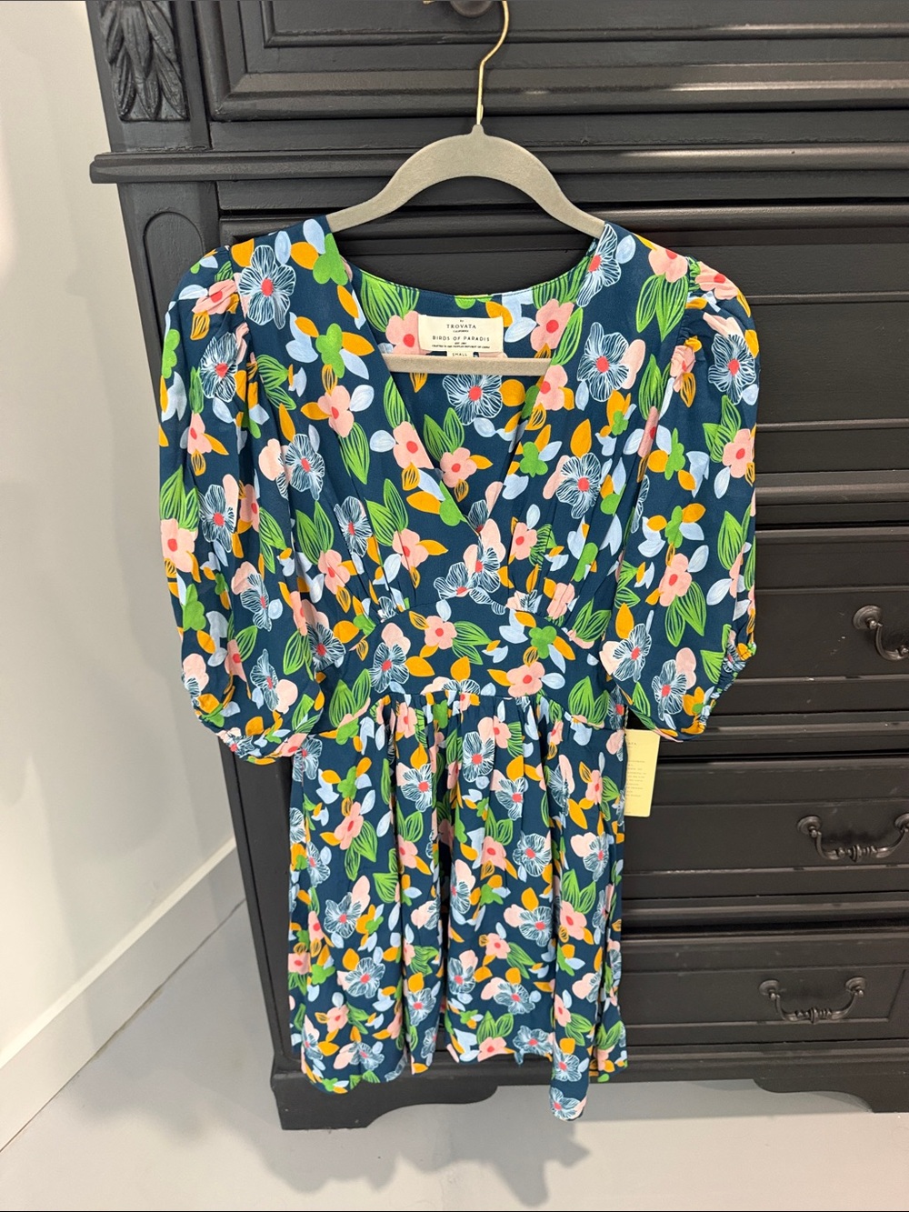 Trovata Navy Floral V-Neck Dress with Pink, Yellow & Green